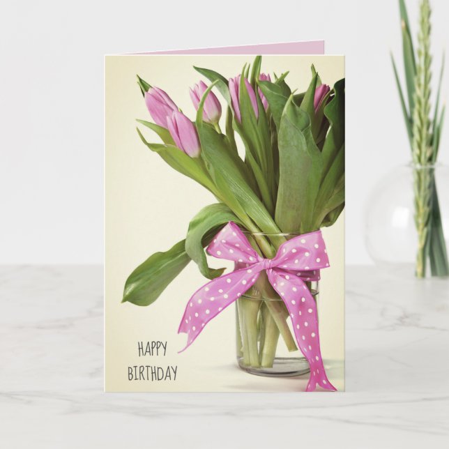 Cartão pink tulip bouquet with bow for birthday (Frente)