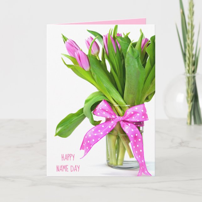 Cartão pink tulip bouquet with bow for Name Day (Frente)