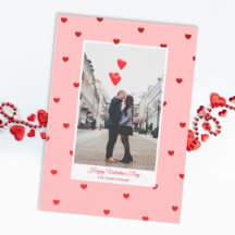 Pink Valentine’s Day photo card with red hearts