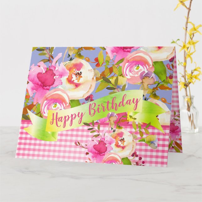 Cartão Pink Watercolor Floral Happy Birday com Mensagem (Flor Amarela)