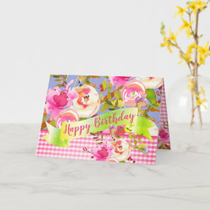 Cartão Pink Watercolor Floral Happy Birday com Mensagem