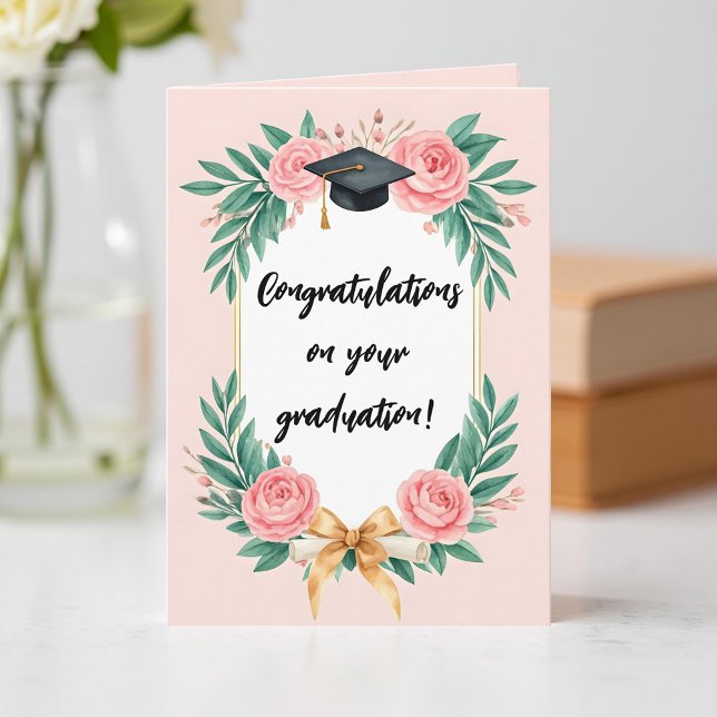 Cartão Pink Watercolor Floral Roses Graduation Cap (Criador carregado)