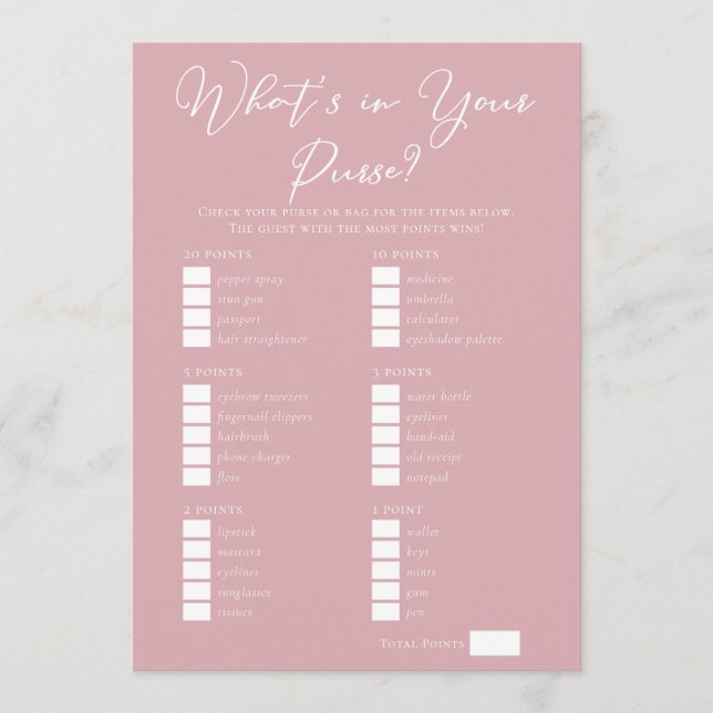 Cartão Pink What's in Your Purse Bridal Shower Game (Frente)