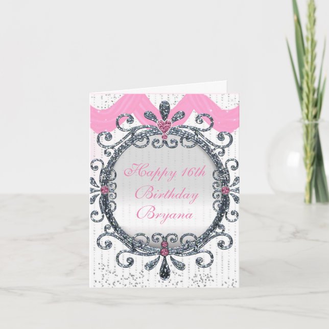 Cartão Pink & White Fancy Frame Birthday Greeting Card (Frente)