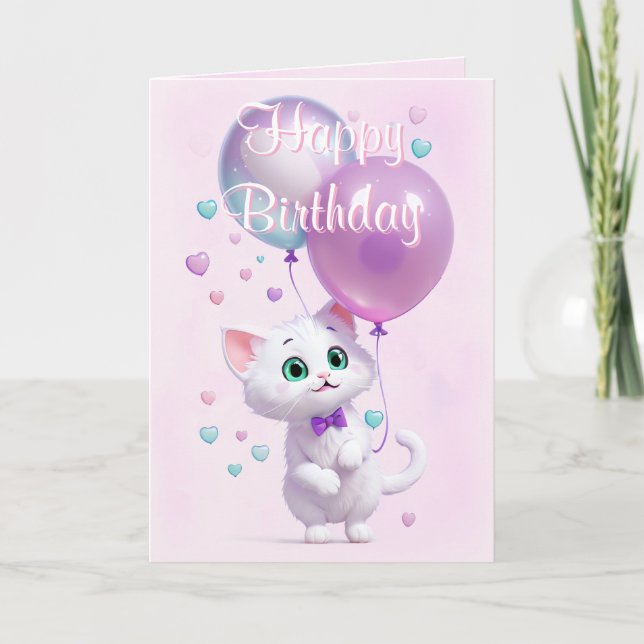 Cartão Pink White Kitten with Balloons Birthday (Frente)