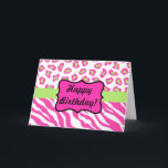 Cartão Pink & White Zebra & Cheeta Skin Personalized<br><div class="desc">Say Happy Birthday with this card of colorful zebra stripes and cheetah skins. Wild animal skins for graphic design is one of the hottest art and design trends, and is extremely popular from fashion to home decor. This sophisticated whimsy fuchsia pink and white with lime green zebra and cheetah print...</div>