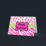 Cartão Pink & White Zebra & Cheeta Skin Personalized<br><div class="desc">Say Happy Birthday with this card of colorful zebra stripes and cheetah skins. Wild animal skins for graphic design is one of the hottest art and design trends, and is extremely popular from fashion to home decor. This sophisticated whimsy fuchsia pink and white with lime green zebra and cheetah print...</div>