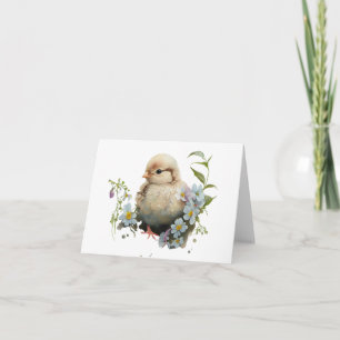 Cartão Pintinho de Aquarela com VAZIO de Flores Brancas