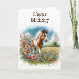 Cartão Pinto Horse Foal e Flores Selvagens Feliz Aniversá