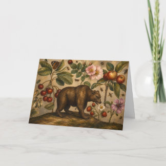 Cartão Pintura a Óleo Botânico de Urso Antigo e Pomar