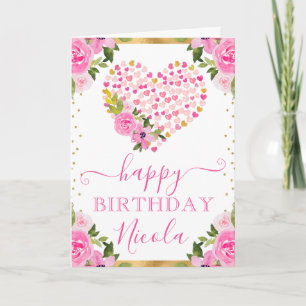 Cartão Pintura aquarela Corações Flores Aniversário Rosa