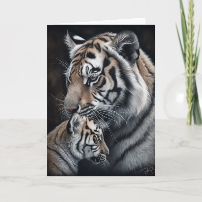 Cartão Pintura da Mãe e Filhote Tigre do Dia das Mães (Frente)