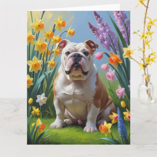 Cartão Pintura das Flores da Primavera do Bulldog (Flor Amarela)