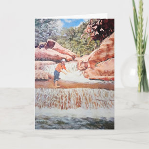 Cartão Pintura de Aniversário de Pescador na Cachoeira