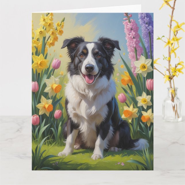 Cartão Pintura de Cachorro Border Collie com Flores de Pr (Flor Amarela)