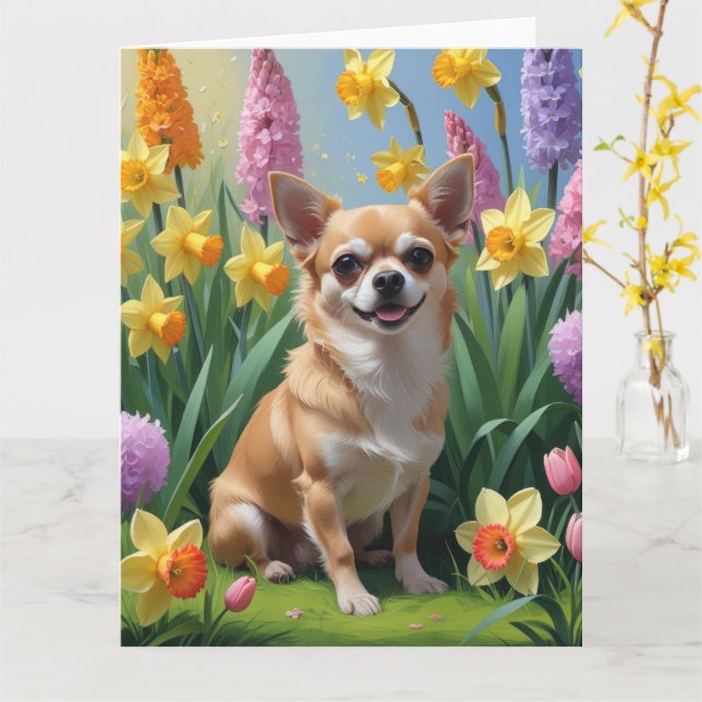 Cartão Pintura de Cachorro Chihuahua com Flores da Primav (Flor Amarela)