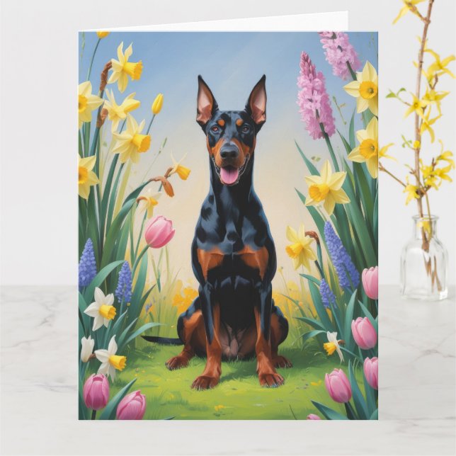 Cartão Pintura de Cachorro Doberman com Flores de Primave (Flor Amarela)