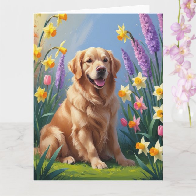 Cartão Pintura de Cachorro Golden Retriever com Flores de (Orquídea)