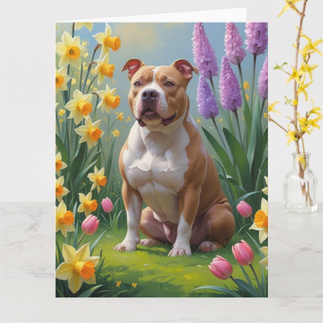 Cartão Pintura de Cachorro Pitbull Flores de Primavera  (Flor Amarela)