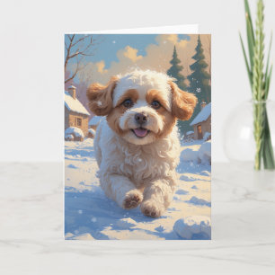 Cartão Pintura de Cena de Natal com Bichon Frise na Neve