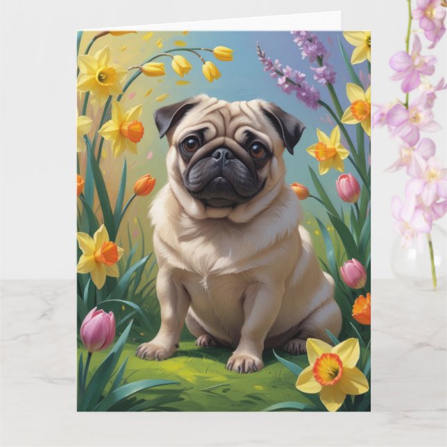Cartão Pintura de Flores da Primavera com Cachorro Pug (Orquídea)