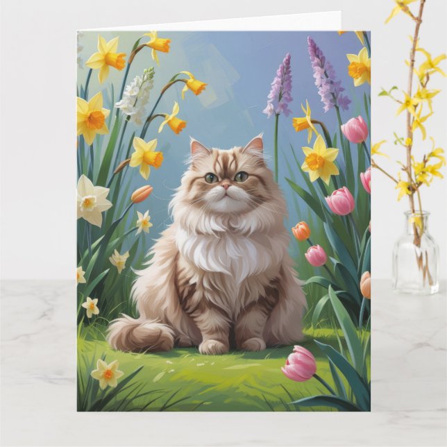 Cartão Pintura de Flores da Primavera de Gato Persa (Flor Amarela)