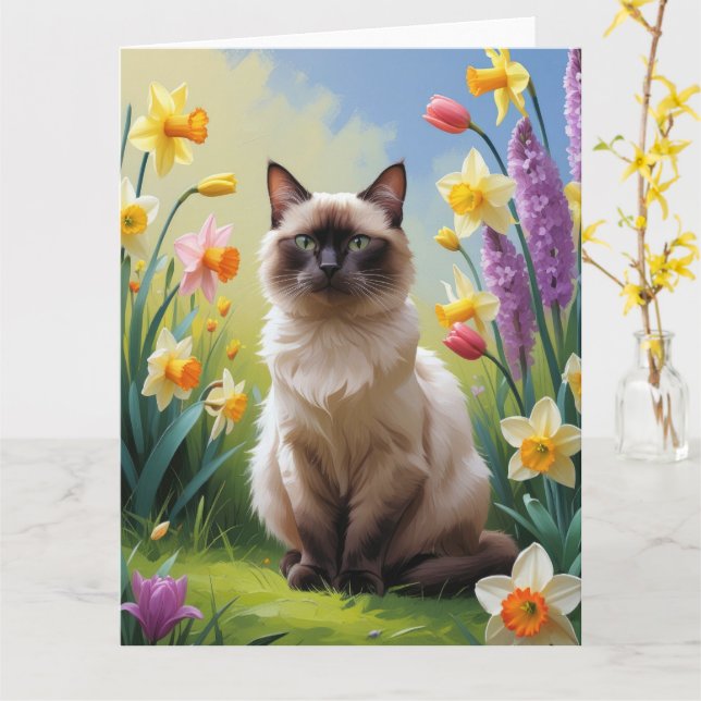 Cartão Pintura de Flores da Primavera de Gato Siames (Flor Amarela)