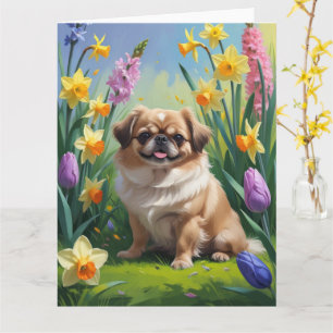 Cartão Pintura de Flores da Primavera do Cão Pequinês
