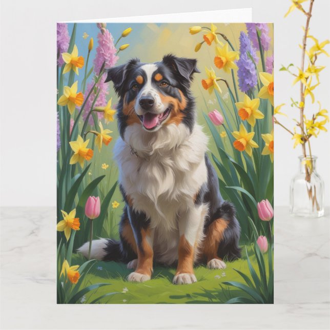 Cartão Pintura de Flores de Cachorro Australiano (Flor Amarela)