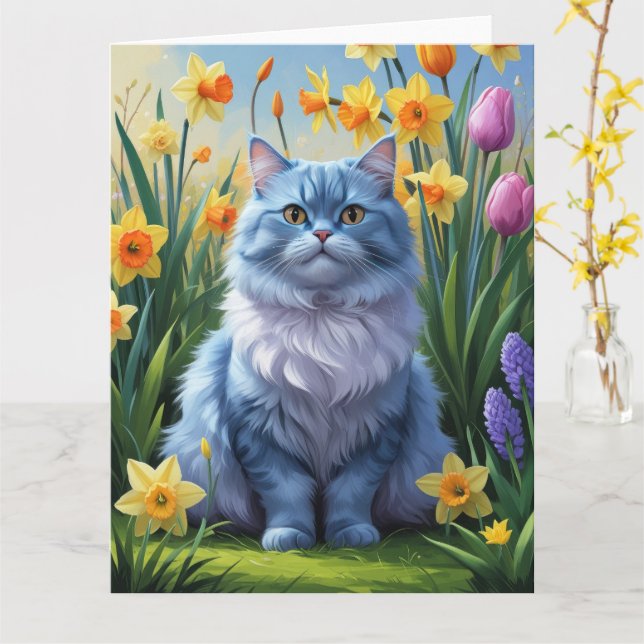 Cartão Pintura de Flores de Gato Azul Oriental (Flor Amarela)