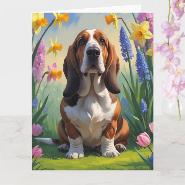 Cartão Pintura de Flores de Mola de Cachorro Basset (Orquídea)