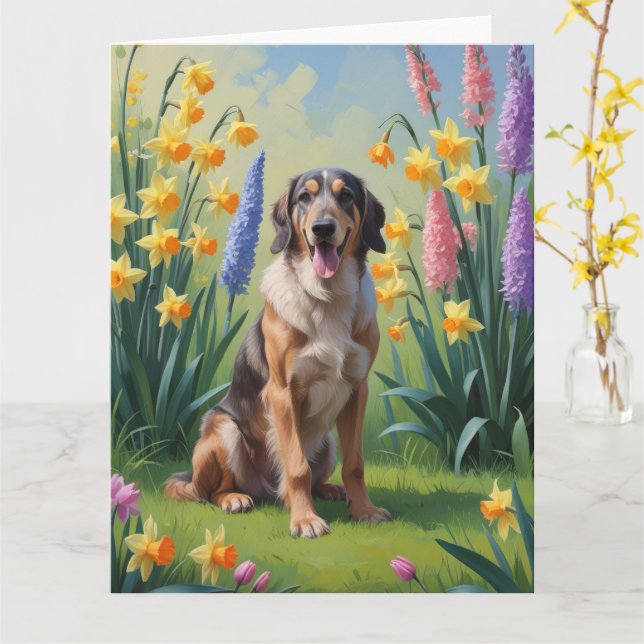Cartão Pintura de Flores de Mola de Cachorro Wolfhound (Flor Amarela)