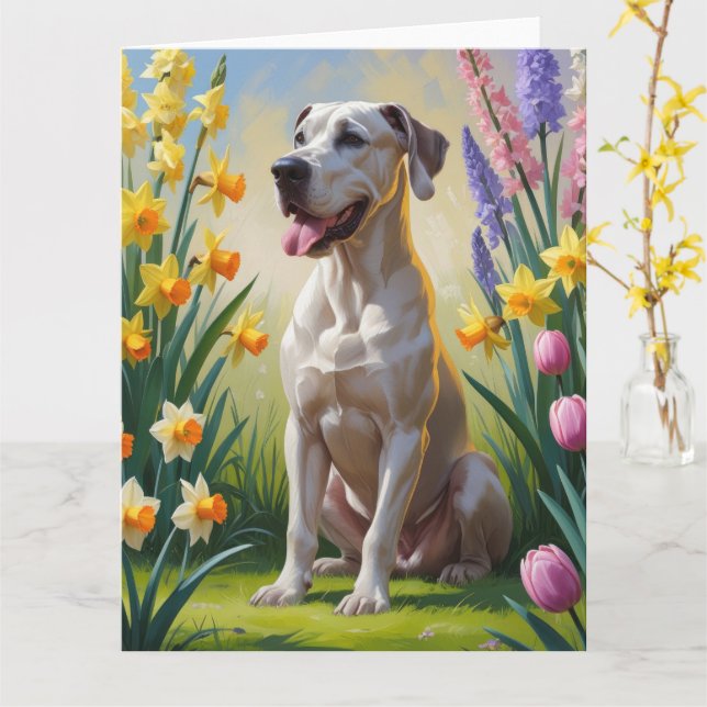 Cartão Pintura de Flores de Primavera com Cachorro Dogue  (Flor Amarela)