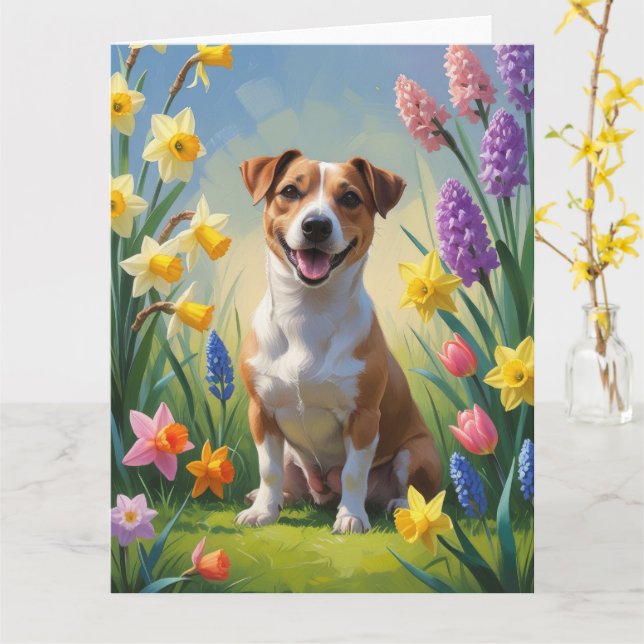 Cartão Pintura de Flores de Primavera com Cachorro Jack R (Flor Amarela)