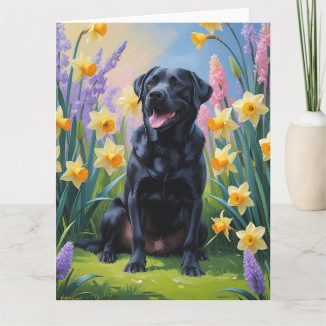 Cartão Pintura de Flores de Primavera com Cachorro Labrad (Frente)