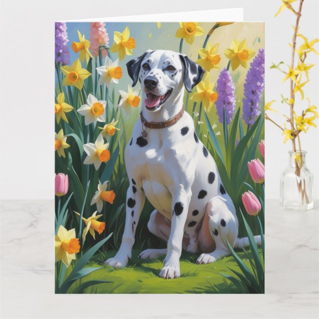 Cartão Pintura de Flores de Primavera com Cão Dalmata (Flor Amarela)