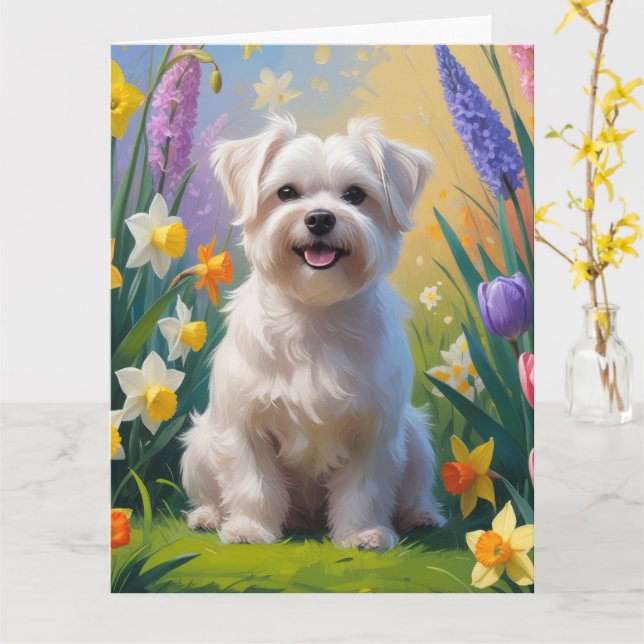 Cartão Pintura de Flores de Primavera com Cão Maltês (Flor Amarela)