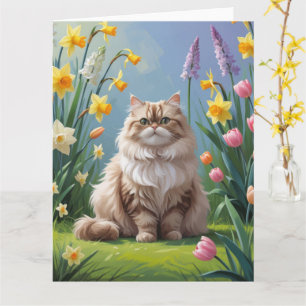 Cartão Pintura de Flores de Primavera de Gato Persa