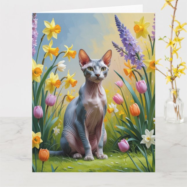 Cartão Pintura de Flores de Primavera de Gato Sphynx (Flor Amarela)