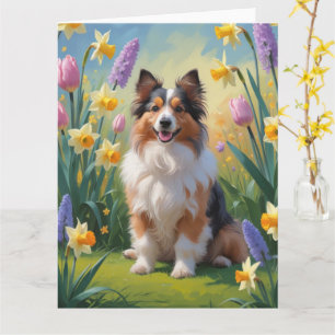 Cartão Pintura de Flores de Primavera de Shetland Sheepdo