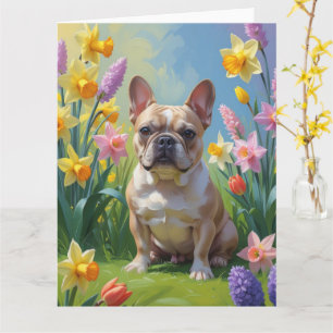 Cartão Pintura de Flores de Primavera do Bulldog Francês