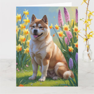 Cartão Pintura de Flores de Primavera do Cão Akita