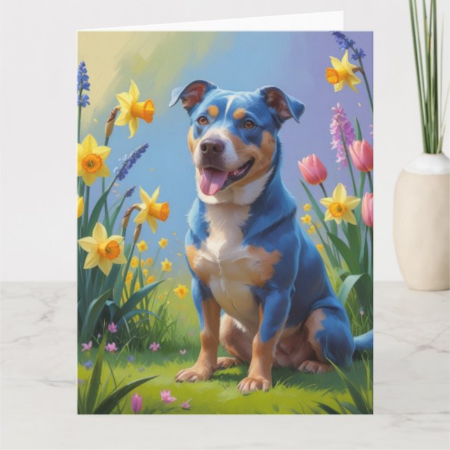 Cartão Pintura de Flores de Primavera do Cão Blue Heeler  (Frente)