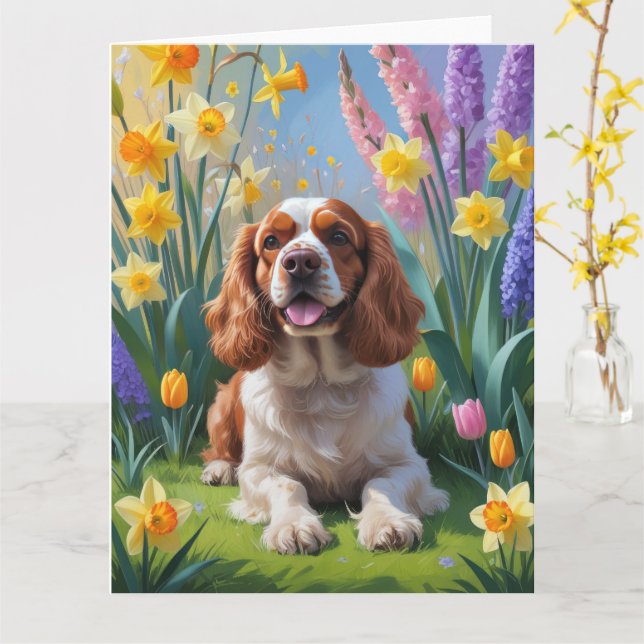 Cartão Pintura de Flores de Primavera do Cão Cocker Spani (Flor Amarela)