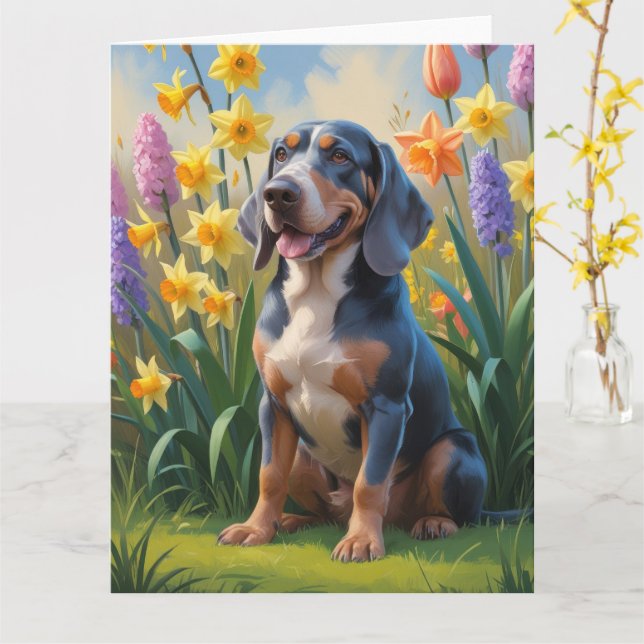 Cartão Pintura de Flores de Primavera do Cão Coonhound Bl (Flor Amarela)