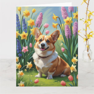 Cartão Pintura de Flores de Primavera do Cão Corgi