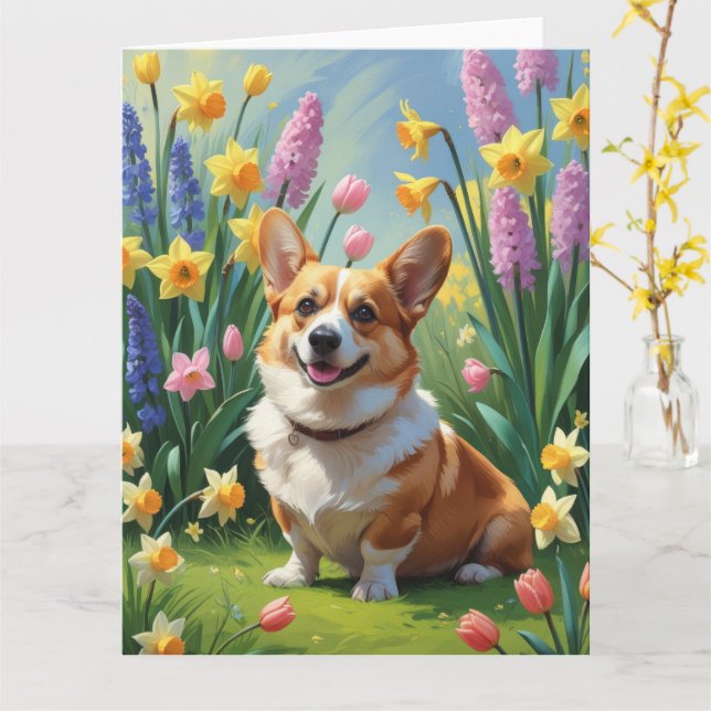 Cartão Pintura de Flores de Primavera do Cão Corgi (Flor Amarela)
