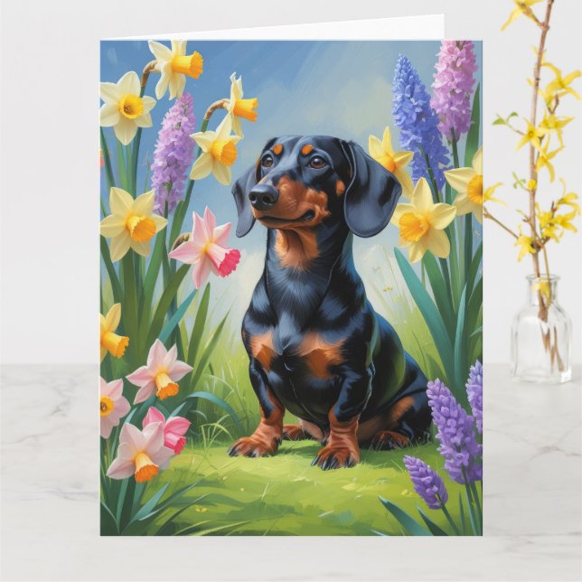 Cartão Pintura de Flores de Primavera do Cão Dachshund (Flor Amarela)