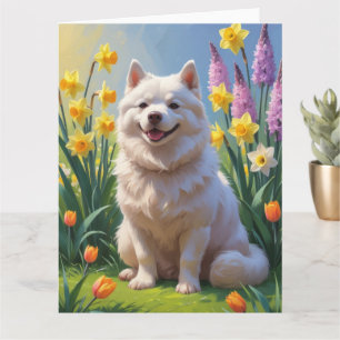 Cartão Pintura de Flores de Primavera do Cão Esquimó Amer