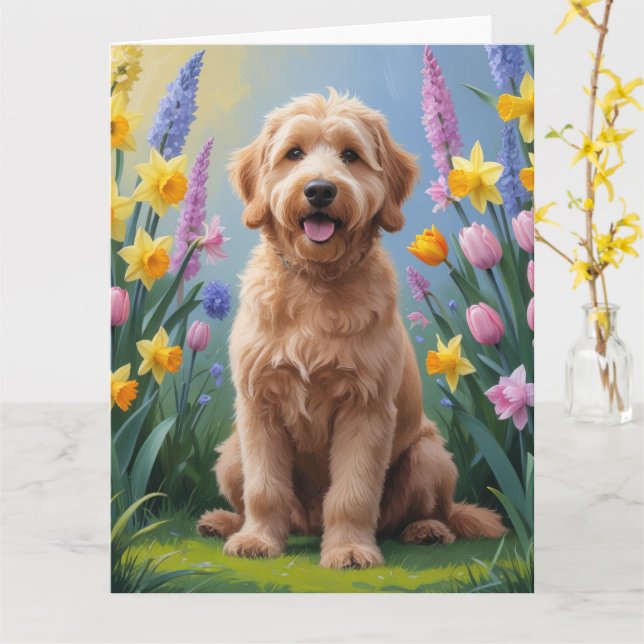 Cartão Pintura de Flores de Primavera do Cão Goldendoodle (Flor Amarela)